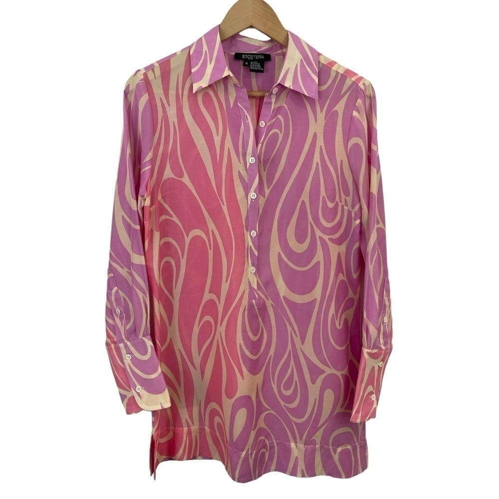 Etcetera Silk Blend Popover Tunic Womens Sz 4 Small Pink Swirl Top Blouse EUC